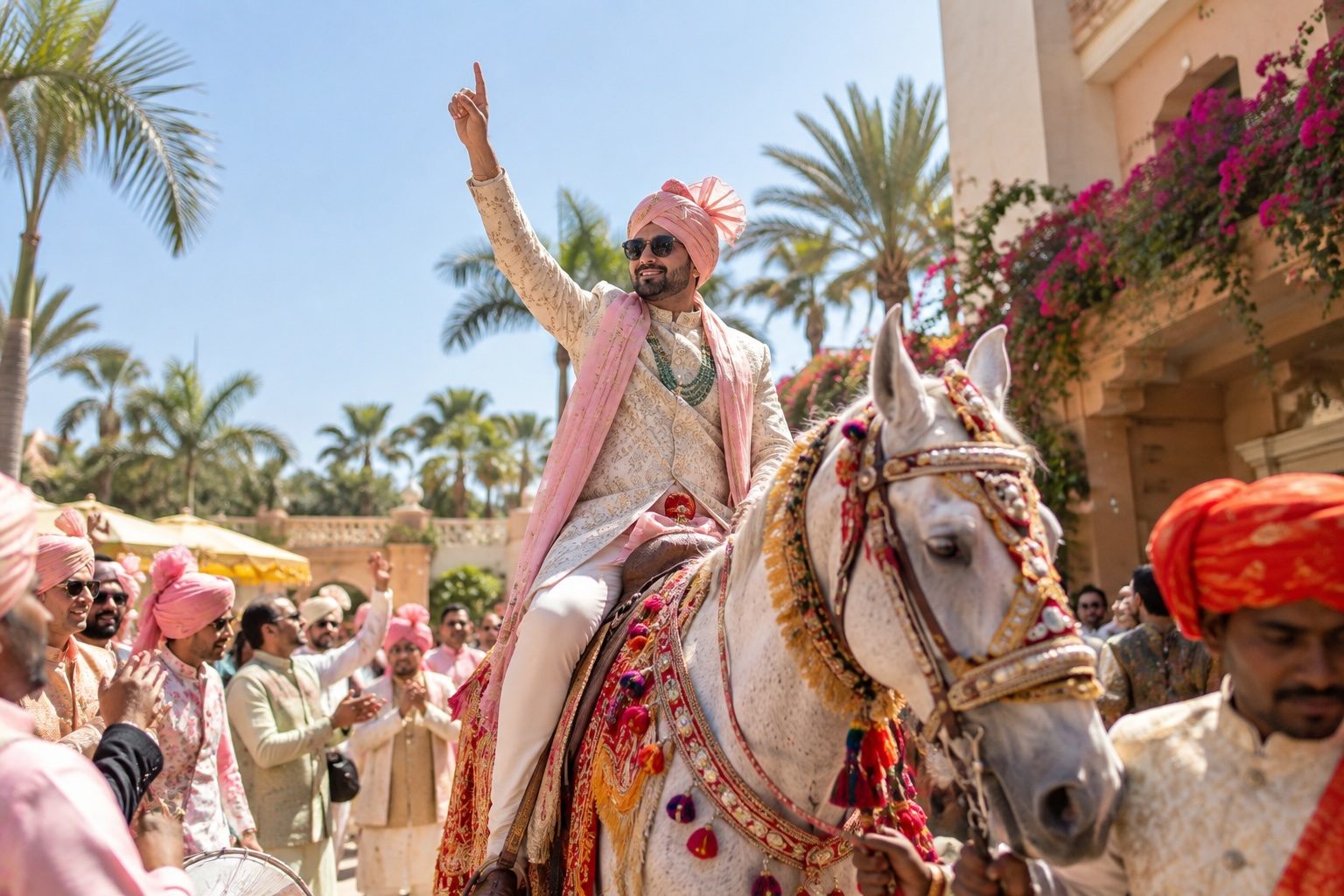 A groom in a pink safa arriving on a decorated white horse, his baraat dancing around him