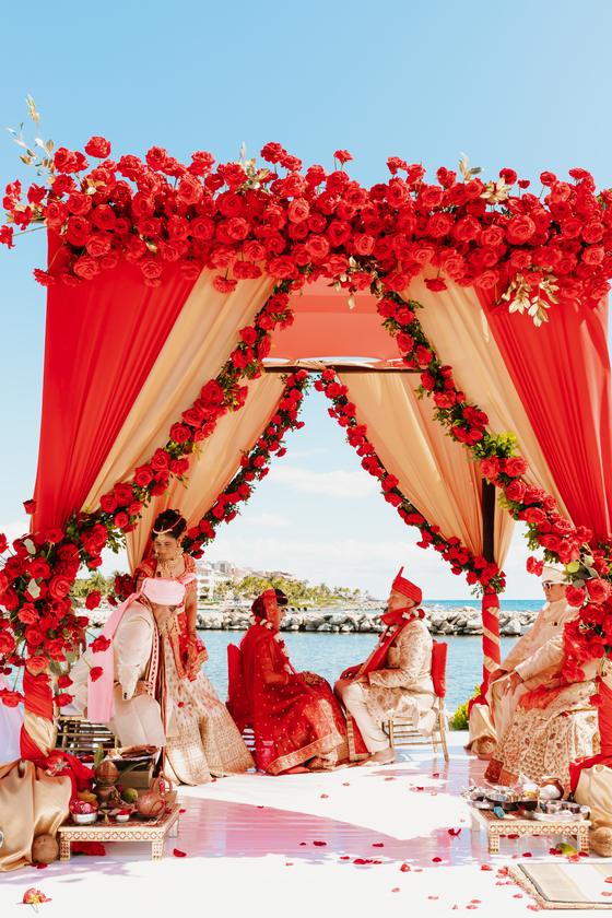 Mandap framed between ivory drapes