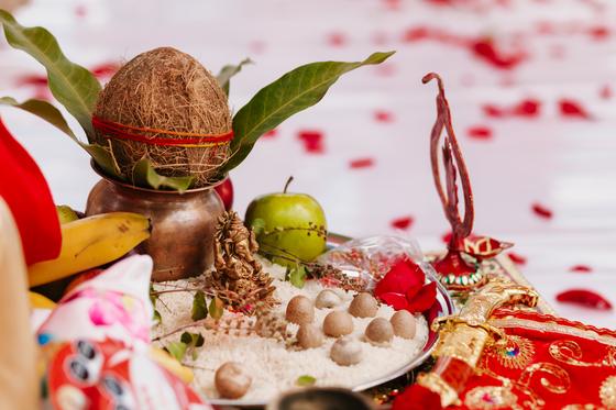 Puja thali with coconut kalash and offerings