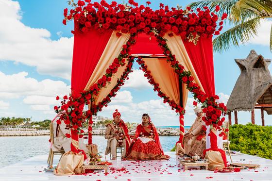 The full ceremony setting seen down the aisle