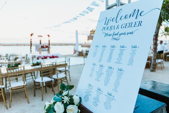 Welcome board and seating chart at the reception entrance