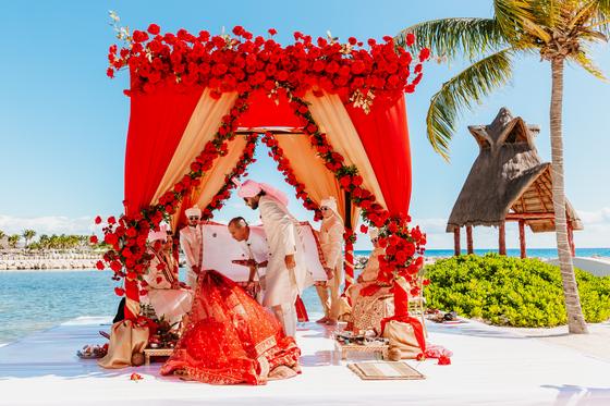Red rose mandap framed by palm trees on the sand