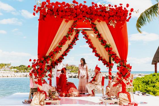 The ceremony under way beneath the rose canopy